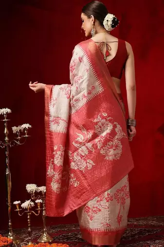 Off white printed art silk ethnic saree with blouse piece