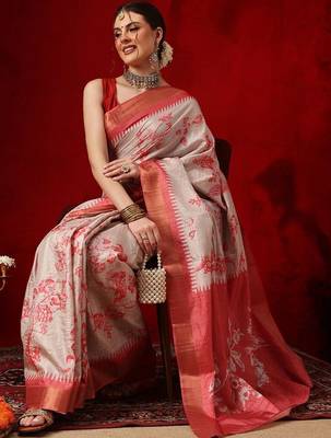 Off white printed art silk ethnic saree with blouse piece 3