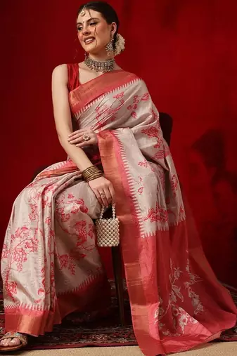 Off white printed art silk ethnic saree with blouse piece
