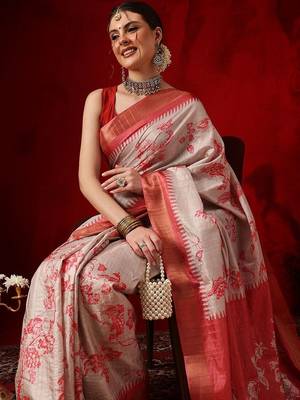 Off white printed art silk ethnic saree with blouse piece 4