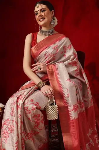 Off white printed art silk ethnic saree with blouse piece