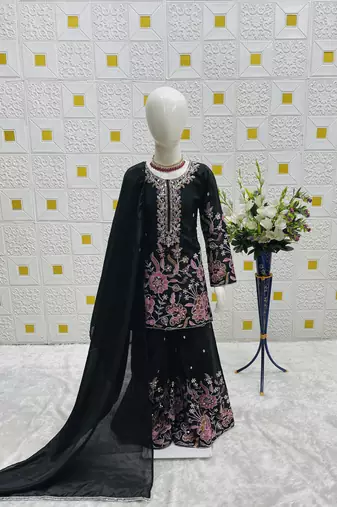 black heavy chinon silk salwar suit set with embroidery sequence work - designer party wear