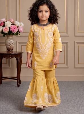 yellow heavy rayon cotton ethnic wear set with embroidery work - designer party wear 2
