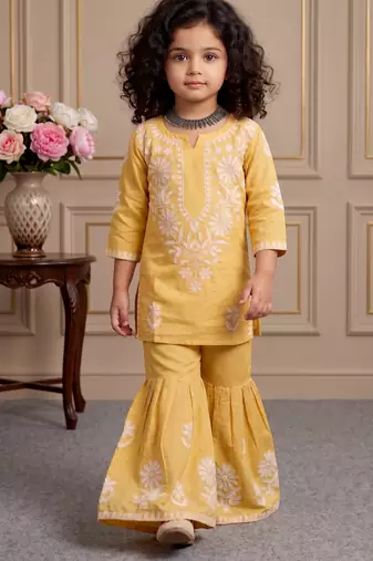 yellow heavy rayon cotton ethnic wear set with embroidery work - designer party wear