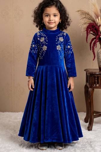 royal blue heavy viscose  velvet gown set with heavy embroidery sequence work - designer party wear