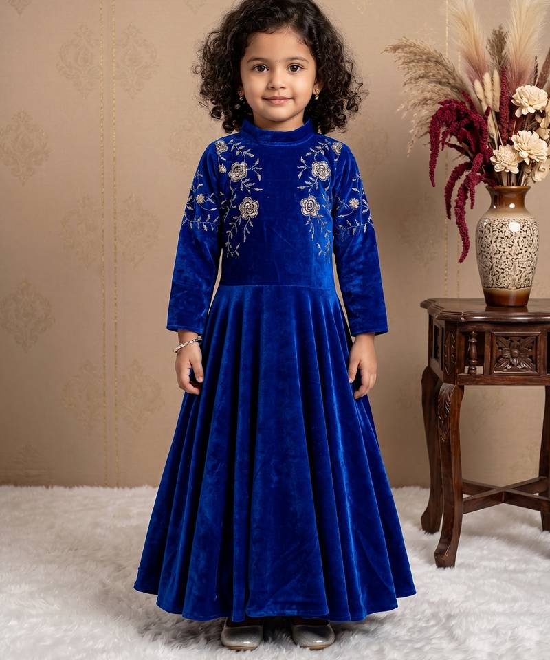 royal blue heavy viscose  velvet gown set with heavy embroidery sequence work - designer party wear