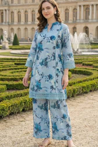 Powder Blue Cotton Schiffli Floral Printed co-ord Set Set of 2