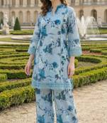 Powder Blue Cotton Schiffli Floral Printed co-ord Set Set of 2