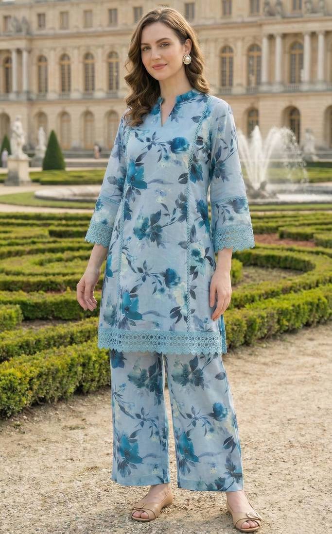Powder Blue Cotton Schiffli Floral Printed co-ord Set Set of 2