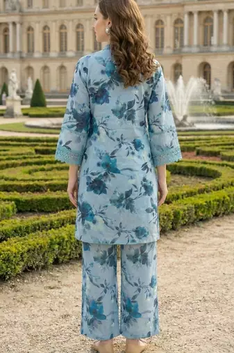 Powder Blue Cotton Schiffli Floral Printed co-ord Set Set of 2