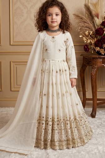 white pure vichitra gown set with embroidery sequence work - designer party wear