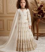 white pure vichitra gown set with embroidery sequence work - designer party wear