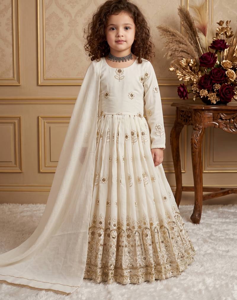 white pure vichitra gown set with embroidery sequence work - designer party wear