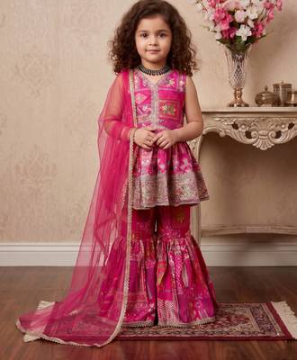 pink heavy japan satin with 5mm sequence embroidery work with digital print work - designer party wear 3