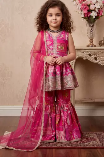 pink heavy japan satin with 5mm sequence embroidery work with digital print work - designer party wear