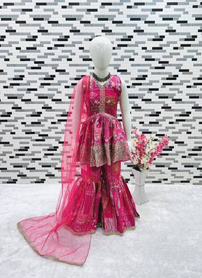 pink heavy japan satin with 5mm sequence embroidery work with digital print work - designer party wear 4