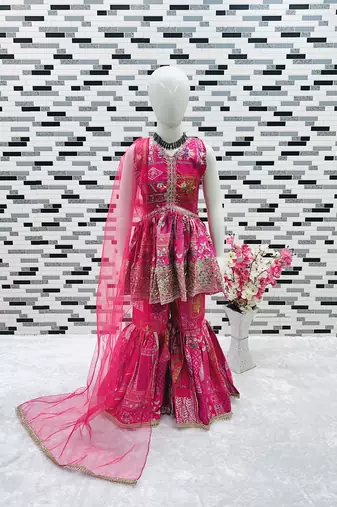 pink heavy japan satin with 5mm sequence embroidery work with digital print work - designer party wear