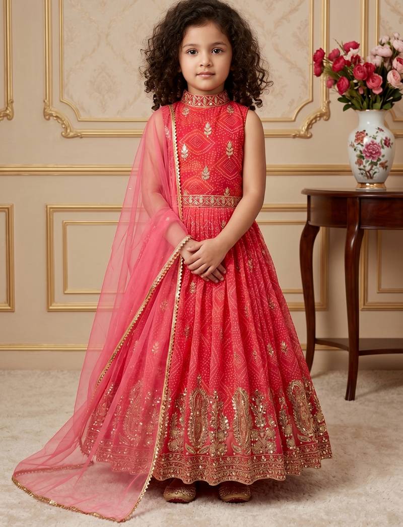 red heavy fox georgette gown set with digital print work with embroidered sequnce work - designer party wear