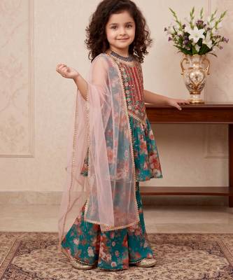 Teal green heavy fox georgette salwar suit set with embroidery sequence work with digital printed - designer party wear 3