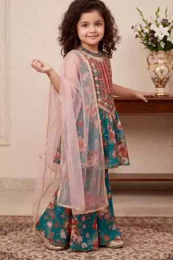 Teal green heavy fox georgette salwar suit set with embroidery sequence work with digital printed - designer party wear