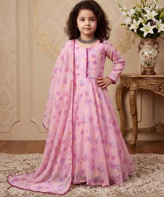 pink heavy fox georgette gown set with soft printed work with lace - designer party wear 1