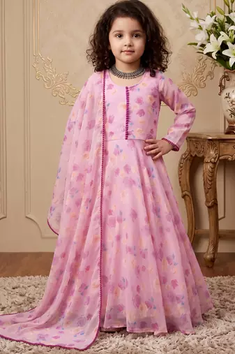 pink heavy fox georgette gown set with soft printed work with lace - designer party wear