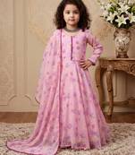 pink heavy fox georgette gown set with soft printed work with lace - designer party wear