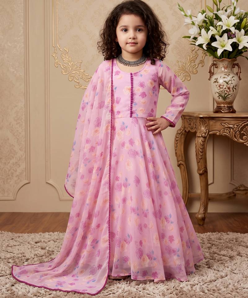 pink heavy fox georgette gown set with soft printed work with lace - designer party wear