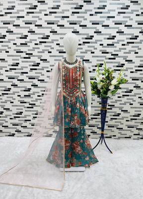 Teal green heavy fox georgette salwar suit set with embroidery sequence work with digital printed - designer party wear 4