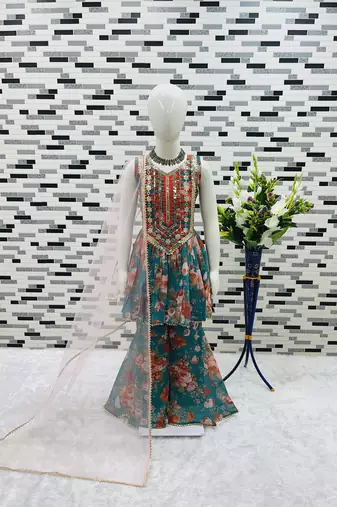 Teal green heavy fox georgette salwar suit set with embroidery sequence work with digital printed - designer party wear