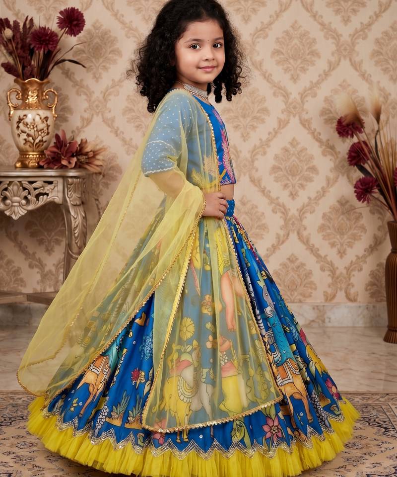 blue heavy chinon silk with print embroidery work - designer party wear