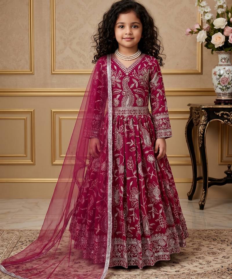 dark pink heavy fox georgette gown set with embroidery sequence work - designer party wear