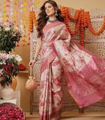 Cream printed art silk ethnic saree with blouse piece