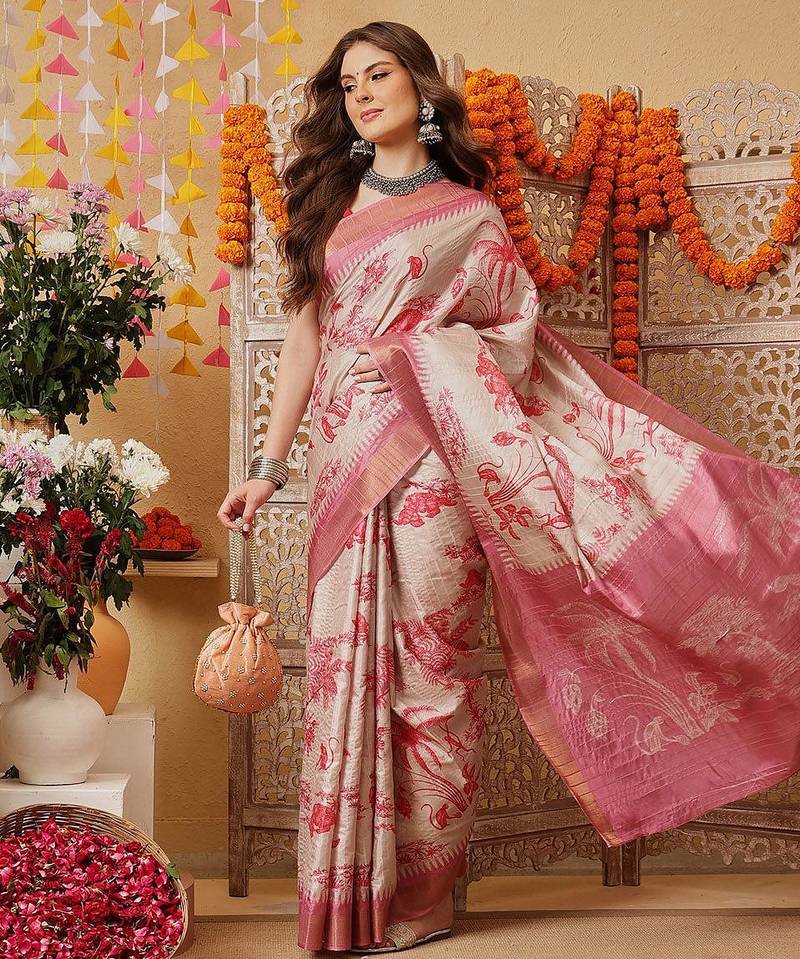 Cream printed art silk ethnic saree with blouse piece