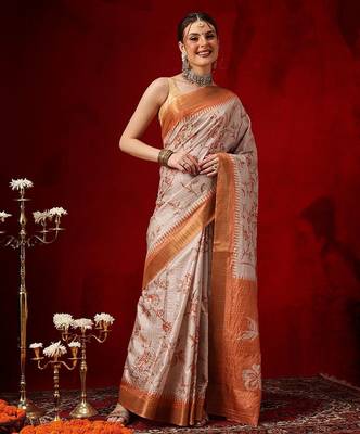 Cream printed art silk ethnic saree with blouse piece 1