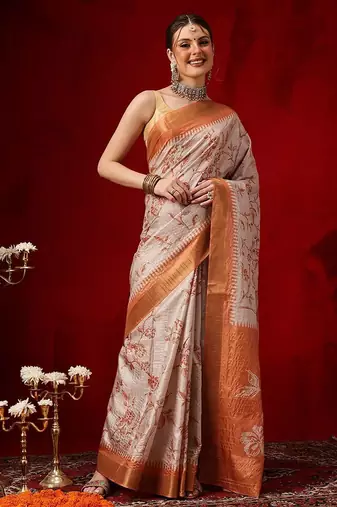 Cream printed art silk ethnic saree with blouse piece