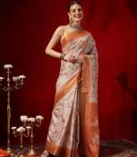 Cream printed art silk ethnic saree with blouse piece