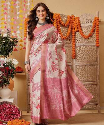Cream printed art silk ethnic saree with blouse piece 2
