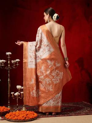 Cream printed art silk ethnic saree with blouse piece 2
