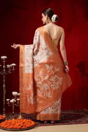 Cream printed art silk ethnic saree with blouse piece