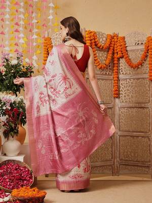 Cream printed art silk ethnic saree with blouse piece 3