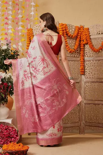 Cream printed art silk ethnic saree with blouse piece