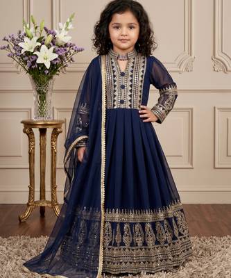 Navy blue heavy fox georgette gown set with embroidery sequence work - designer party wear 1