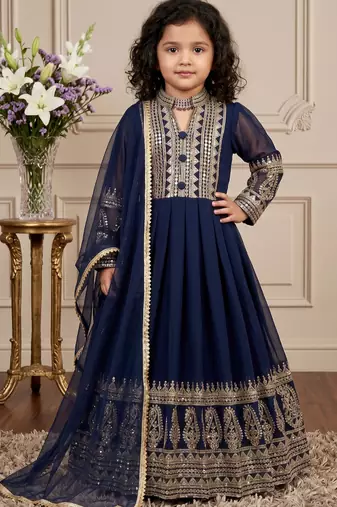 Navy blue heavy fox georgette gown set with embroidery sequence work - designer party wear