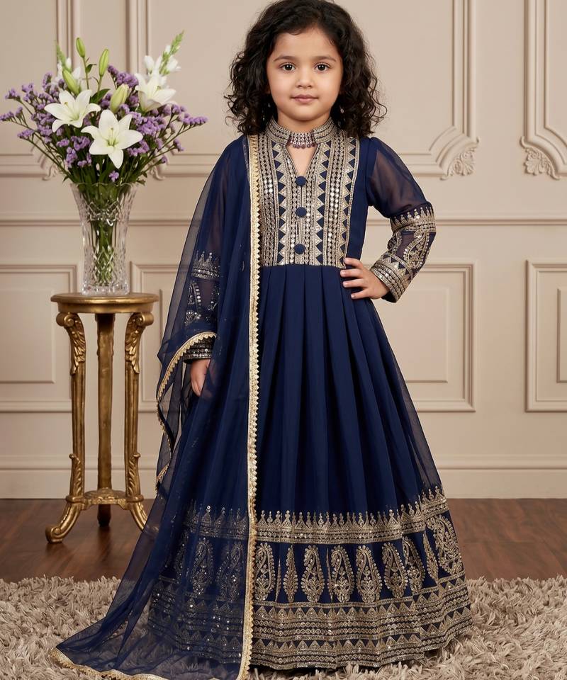Navy blue heavy fox georgette gown set with embroidery sequence work - designer party wear