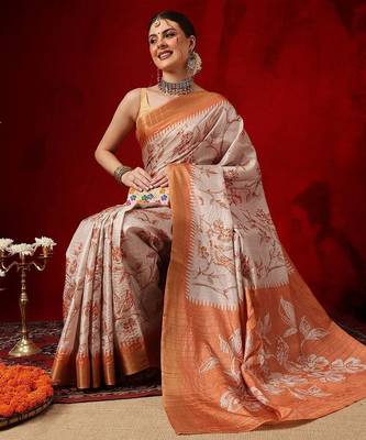 Cream printed art silk ethnic saree with blouse piece 3