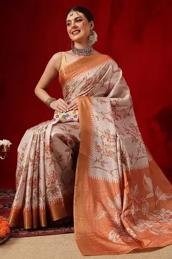Cream printed art silk ethnic saree with blouse piece