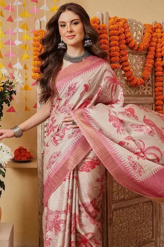 Cream printed art silk ethnic saree with blouse piece