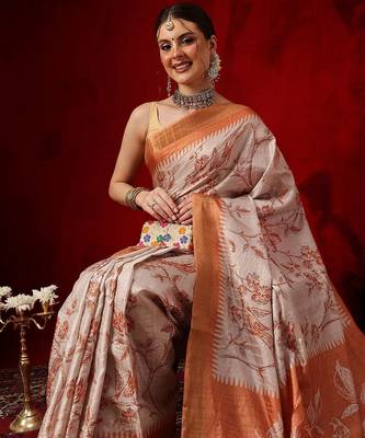 Cream printed art silk ethnic saree with blouse piece 4