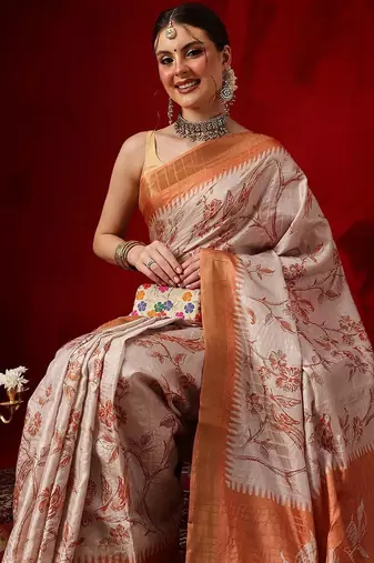 Cream printed art silk ethnic saree with blouse piece